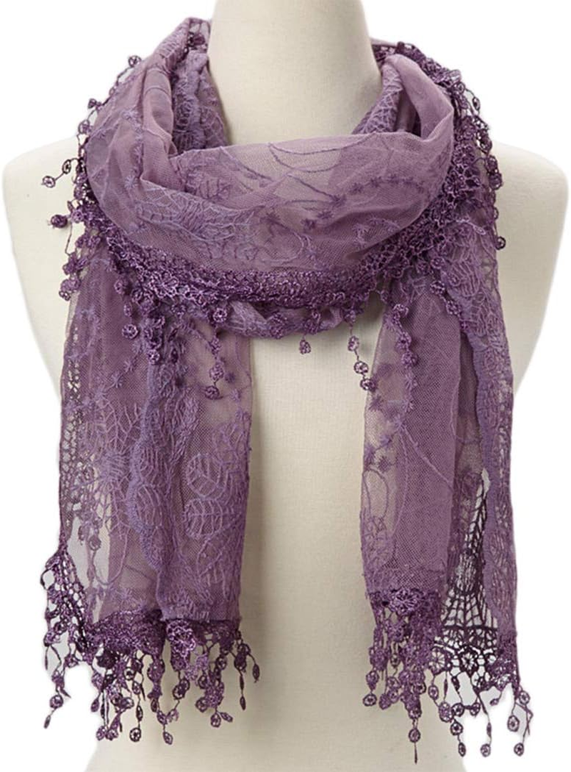 Women'S Lightweight Feminine Lace Teardrop Fringe Lace Scarf Vintage Scarf Mesh Crochet Tassel Cotton Scarf for Women - American Purple With Fringes image number 4