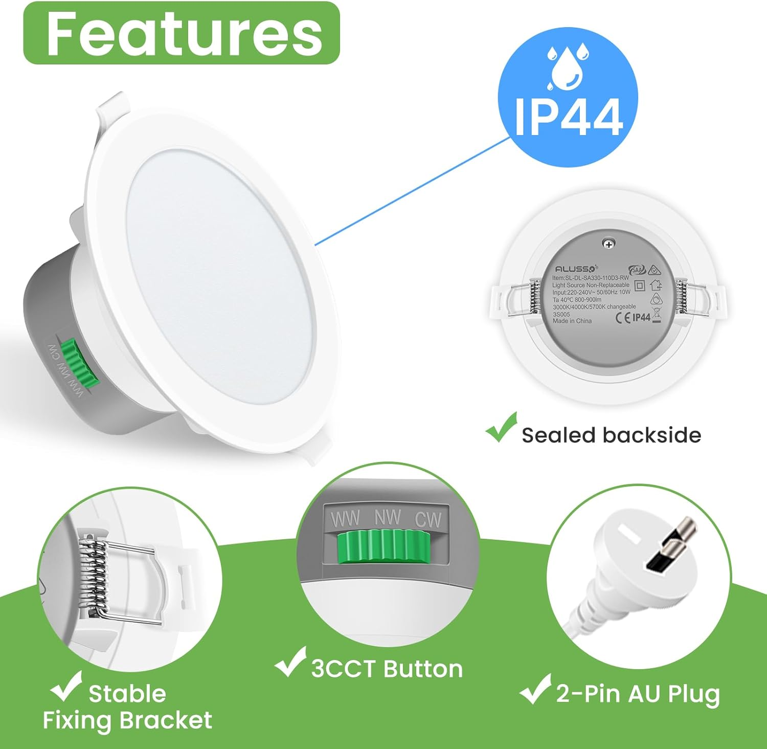 ALUSSO LIGHTING 13W LED Downlight 1150Lm Warm Natural Cool White 3000K 4000K 5700K Changeable Dimmable Flat White round 90Mm Cutout Recessed Ceiling Spot Light 230V IP44 Waterproof 10Pack image number 3