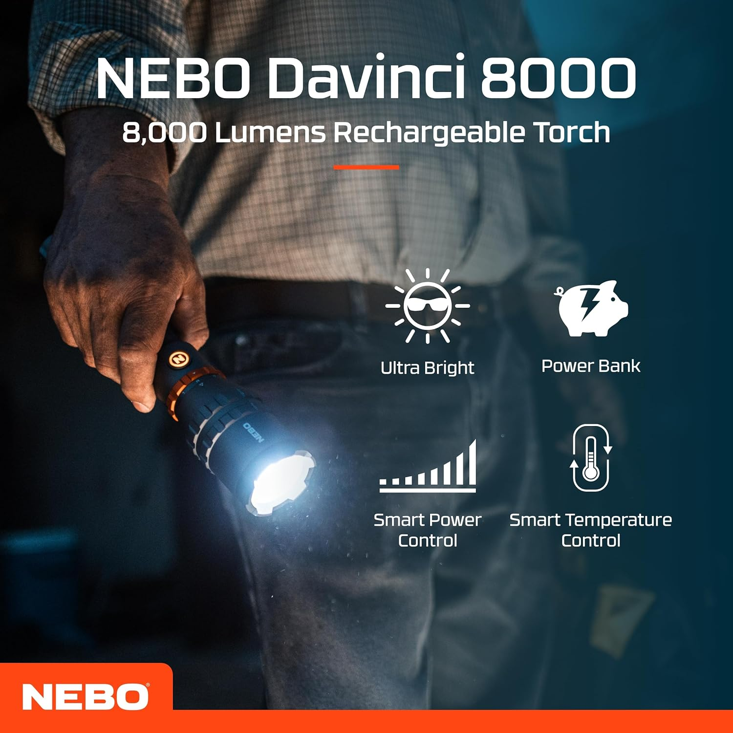 NEBO Davinci&trade; 8000 &ndash; 8,000 Lumen USB‑C Rechargeable Handheld Flashlight & Power Bank | 5 Modes + Strobe, 4&times; Zoom, Mag‑Dial, Smart Power & Temp Control, IP67 Waterproof, Tactical Grip image number 1