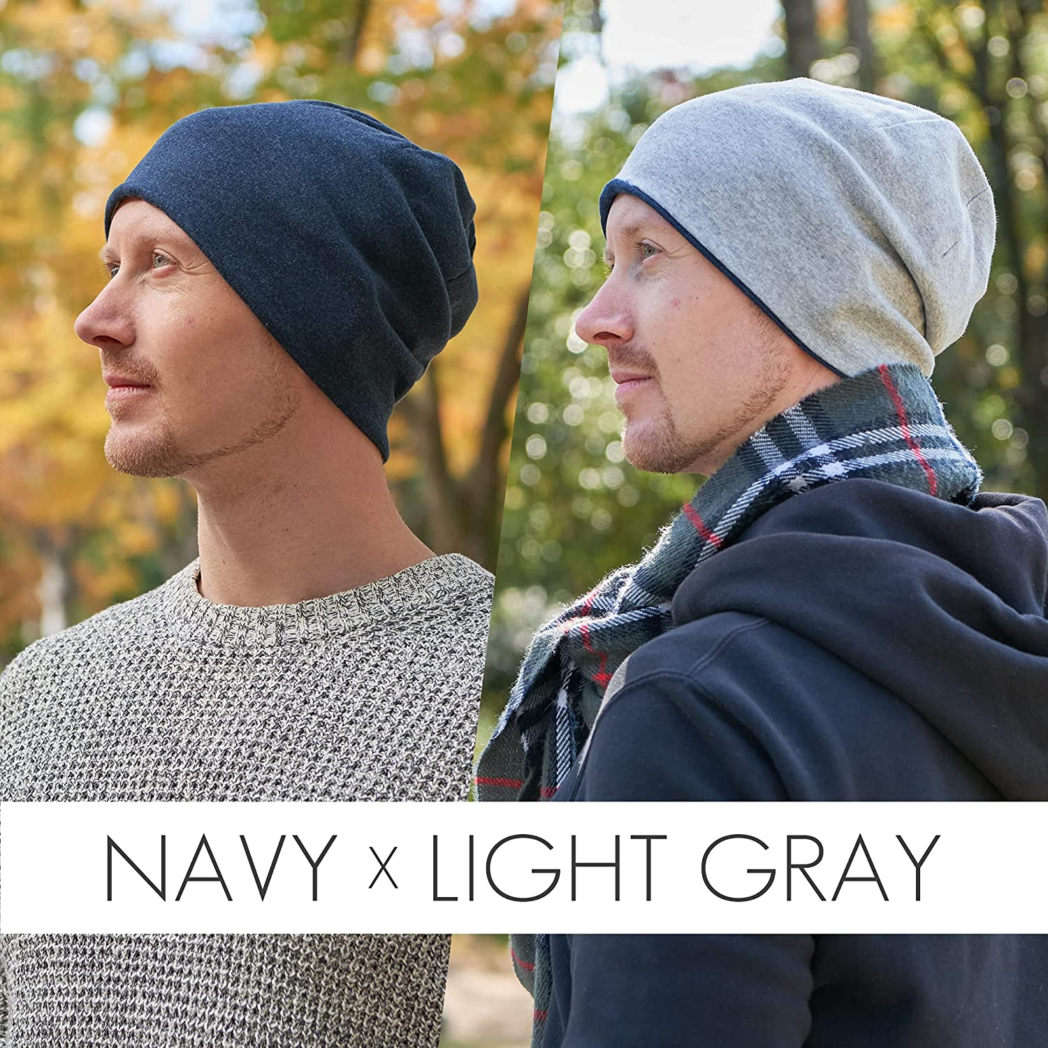 CHARM Organic Cotton Reversible Beanie - Made in Japan Slouchy Warm Knit Chemo Hat - Navy  Light Grey image number 2