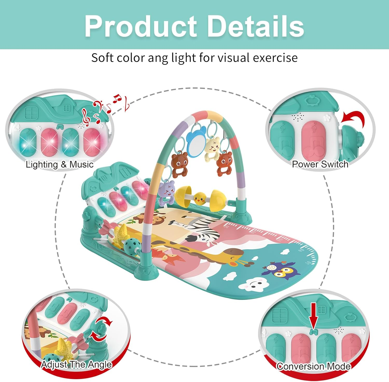 Baby Gyms Play Mats, Funny Play Piano Tummy Time Baby Activity Mat with 5 Infant Sensory Baby Toys Baby Play Piano Gym Mat with Music and Light for Babies Newborns and Toddlers (Green & Pink) image number 3