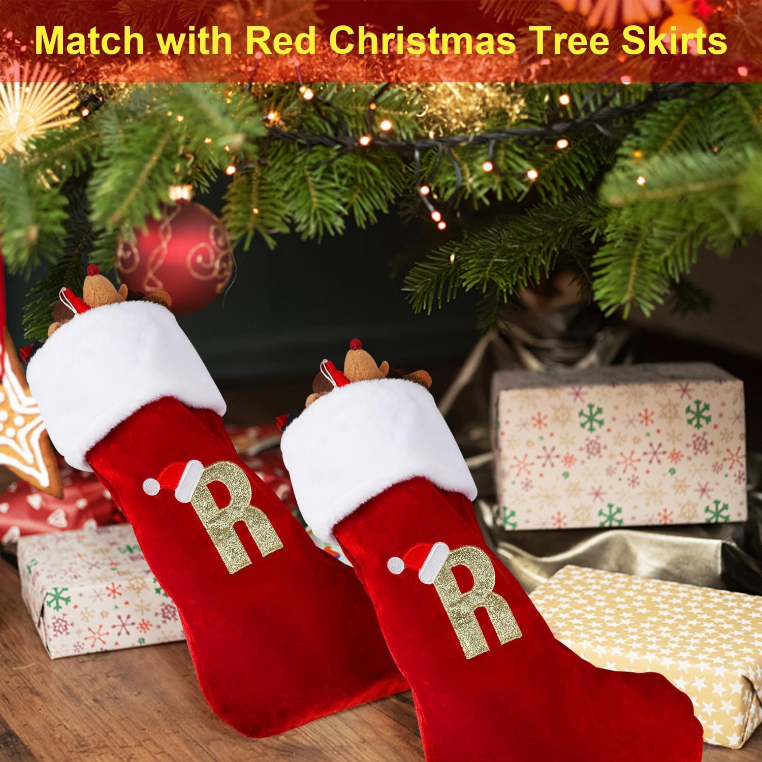 VEYLIN Christmas Stockings with Letters, 20 Inch Large Plush Christmas Stockings Embroidered Stockings Christmas Stockings for Kids/Adult Xmas Gift Stockings & Holders(R) image number 3