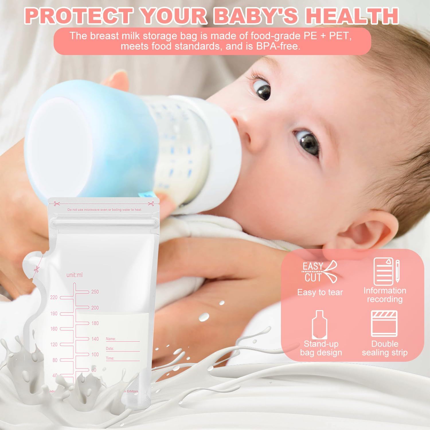 Breast Milk Sstorage Bag 30PCS, Breastmilk Storage Bags, Breastfeeding Disposable Milk Storage Bag, Disposable Milk Storage Bag with 8.8 Ounce Spout Type, No-Leak Milk Freezer Storage Pouche image number 1