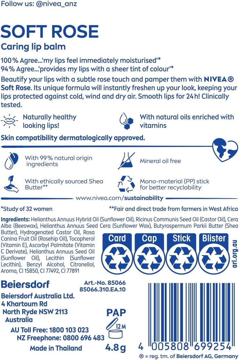 NIVEA Soft Rose Lip Balm 4.8G (1 Pack) | Tinted Lip Balm | Subtle Rosy Shine | 24-Hour Hydration | Enriched with Shea Butter | Moisturises and Softens Dry Lips | Perfect for Everyday Use image number 3