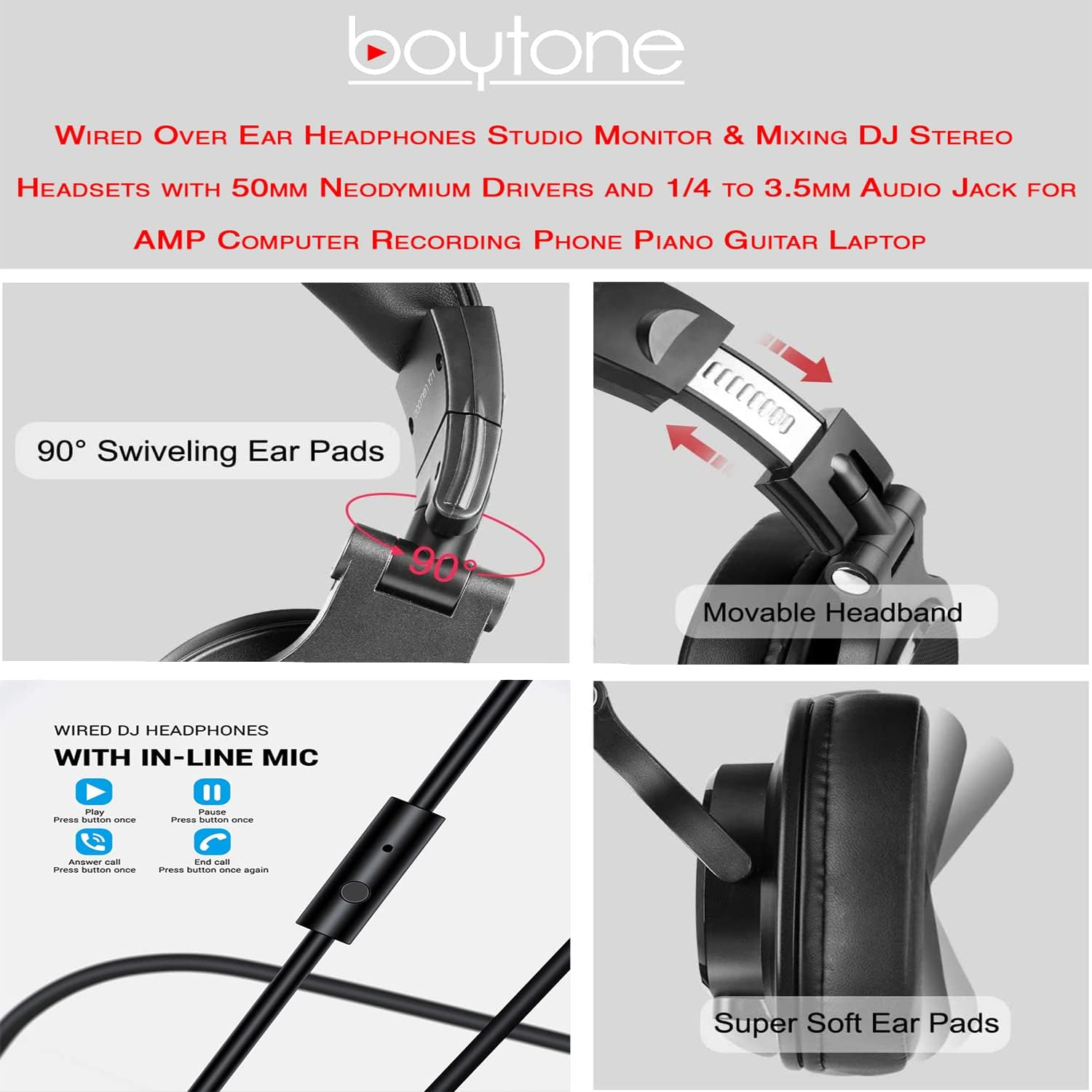 Boytone BT-10RD Wired over Ear Headphones Studio Monitor & Mixing DJ Stereo Headsets with 50Mm Drivers and 1/4 to 3.5Mm Audio Jack for Audio Mixer Computer, Phone, Guitar, Laptop, Amplifier image number 5