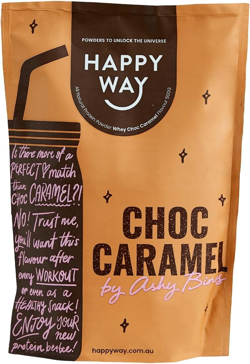 HAPPY WAY Ashy Bines Choc Caramel Whey Protein Powder - 500G | Smooth, Sweet Combo of Cocoa and Caramel Flavour | Supports Toning & Muscle Recovery | Ideal for Shakes, Smoothies & Healthy Recipes image number 2