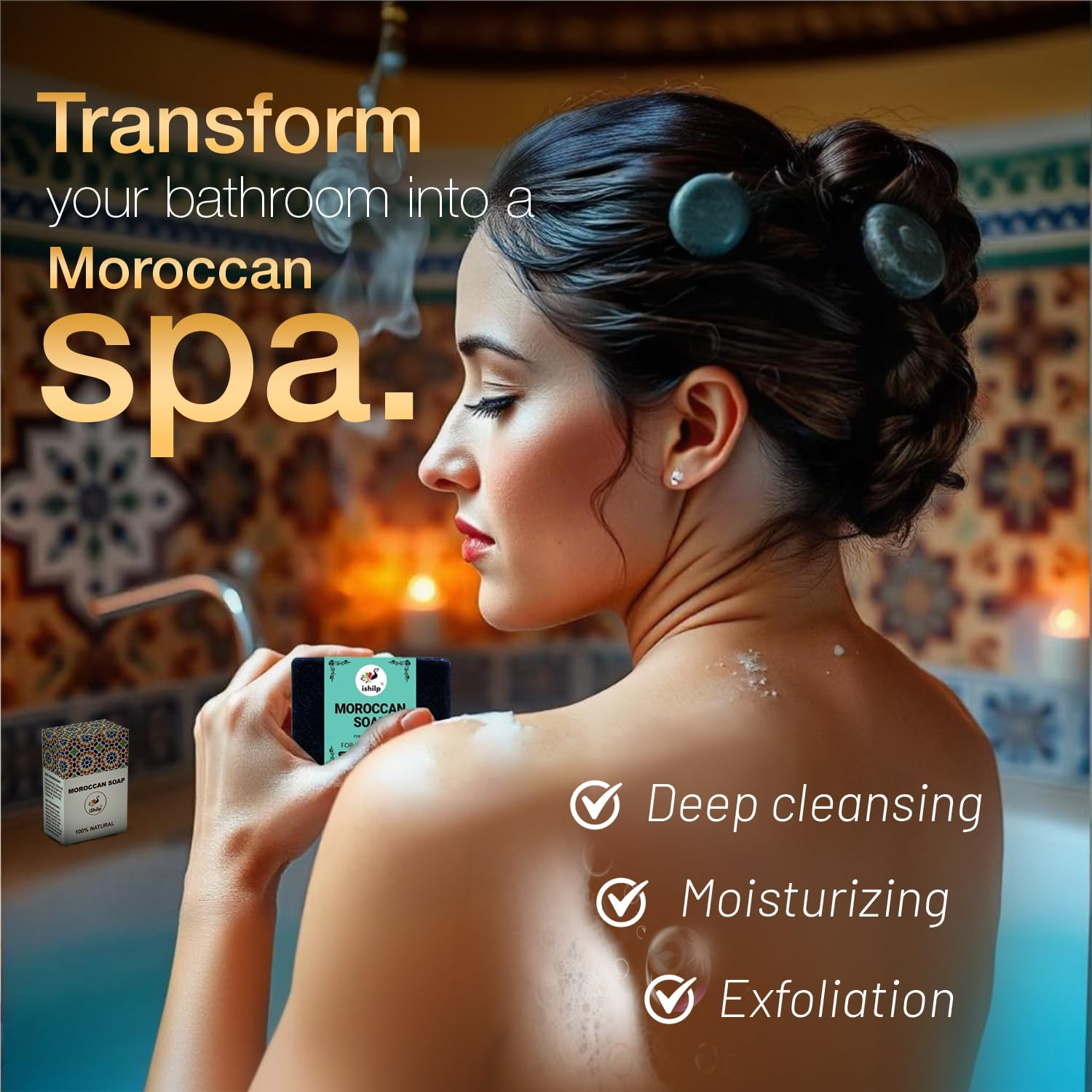 Ishilp Moroccan Black Natural Handmade Soaps for Bath Pack of 2, Body Tan Removal Soap for Women & Men, Moroccan Detan Sabun Soap for Tan Removal (2X100Gm)