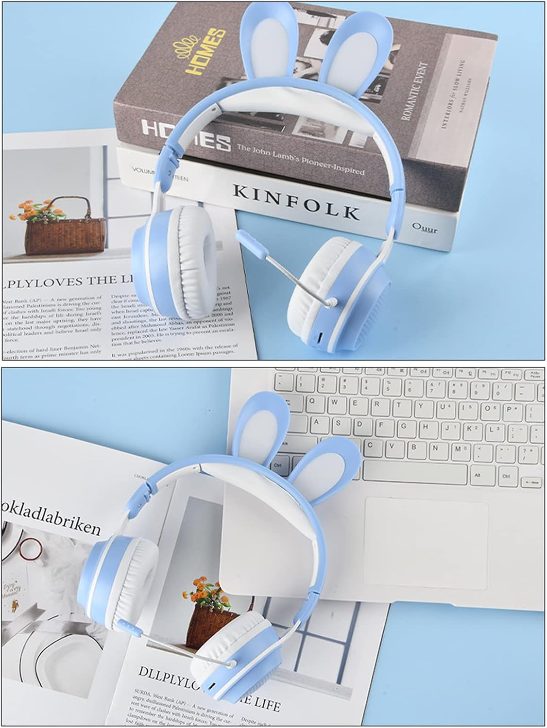 Yunseity Children'S Headphones, Bluetooth 5.0 Headphones with Rabbit Ear, Over-Ear LED Light, Foldable Wireless Headset, Support TF/AUX, Gifts for Children, Toddlers, Teenagers (Blue) image number 4