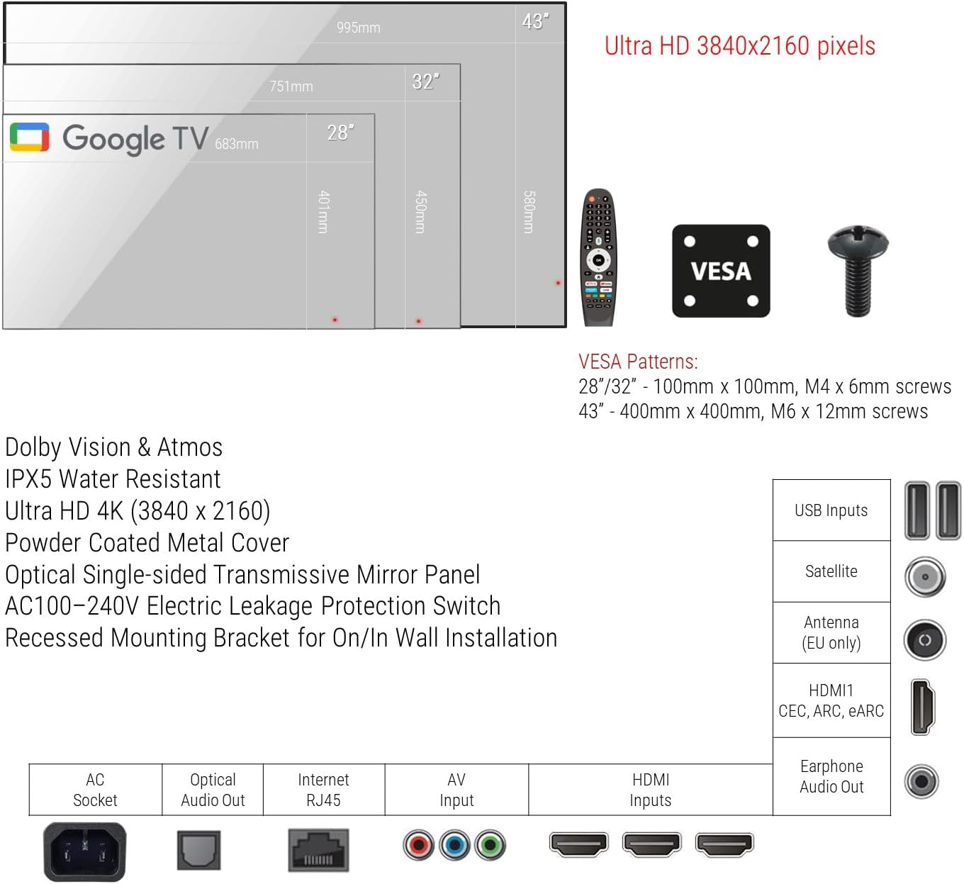 Elecsung 32 INCH Smart Mirror TV for Bathroom, 4K UHD, IPX6 Waterproof, Google, ATSC DTV Television, Voice Control with Wi-Fi & Bluetooth,The Latest Model image number 6