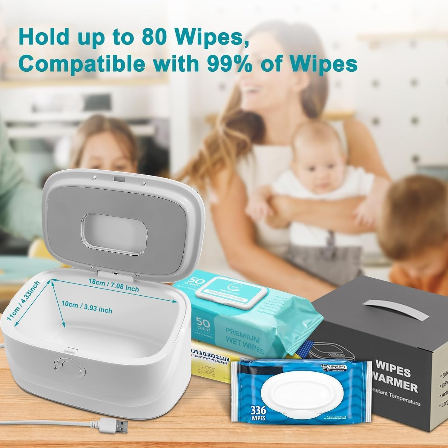 Baby Wipes Warmer, Adjustable Diaper Wipes Warmer with LED Light & USB Cable, Wipe Warmer with Digital Display, Heater Thermostat Wet Wipes Box for Home Travel image number 2