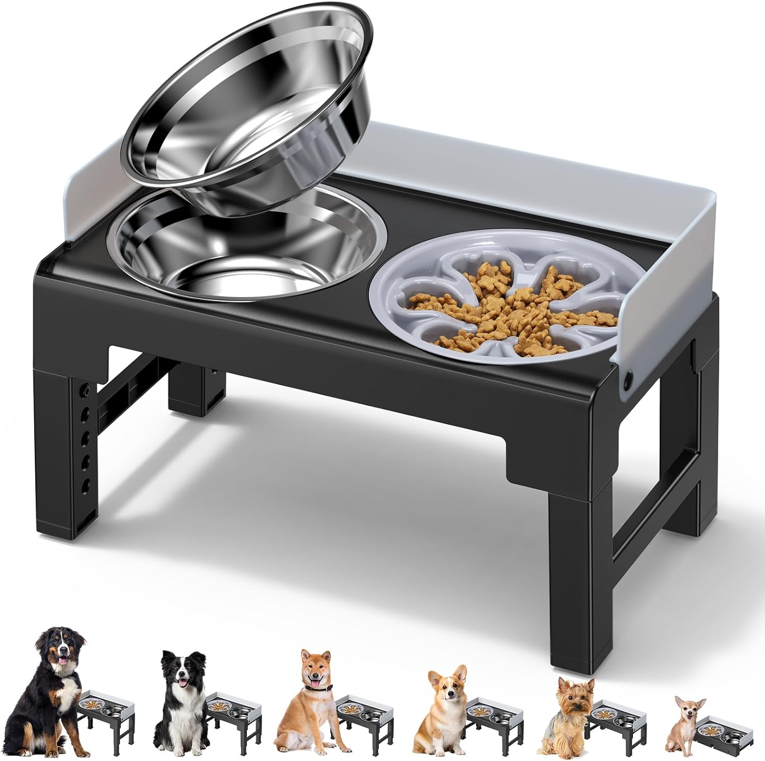 Euqvunn Elevated Dog Bowls with Stand, 6-Level Height Adjustable, 5&deg; Tilt, Splash Guard Design, Raised Dog Bowl with Two 1000Ml Stainless Steel & Slow Feeder Dog Bowl,For Small,Medium & Large Pets image number 5