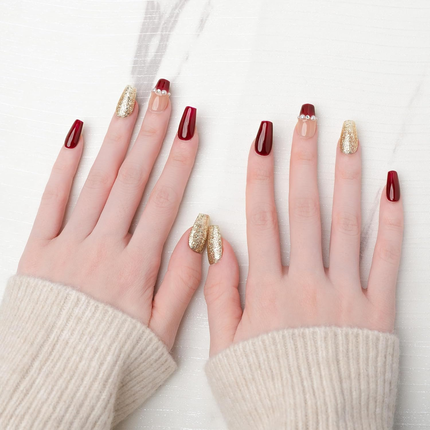 Sun&Beam Nails Handmade Press-On Medium Long Coffin Ballerina Red Green White New Year Pearl Sweet Design Fashion False Nail Tips 10 Pcs Set (#192 M) image number 6