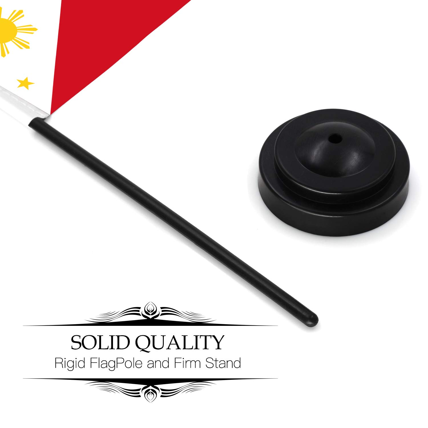 ANLEY Philippines Deluxe Desk Flag Set - 6 X 4 Inch Miniature Philippine Desktop Flag with 12" Solid Pole - Vivid Color and Fade Resistant - Black Base and Spear Top - India image number 3