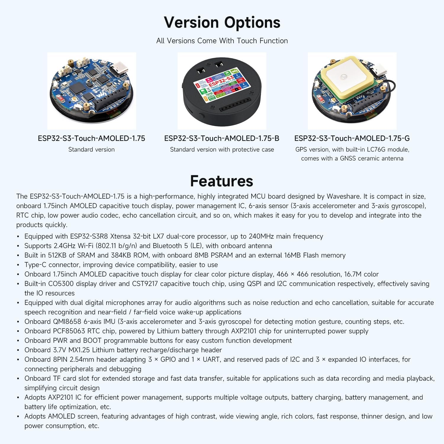 Waveshare ESP32-S3 1.75Inch AMOLED round Touch Display Development Board, 32-Bit LX7 Dual-Core, 466&times;466, QSPI, Dual Digital Microphones Array, ESP32 with Display, with Case image number 3