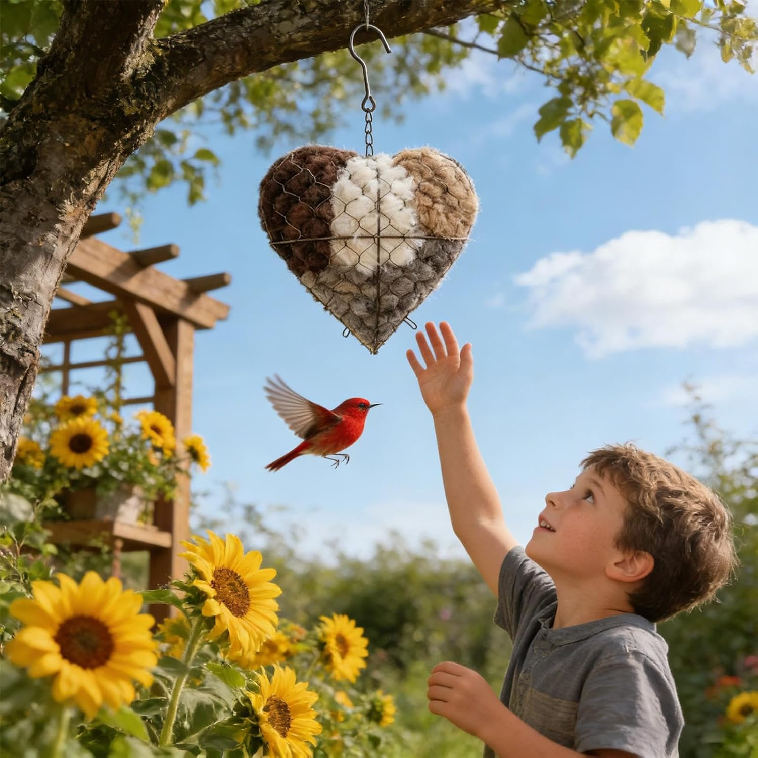 Handmade Fiber Bird Nesting Heart, Bird Nesting Heart Outdoor Art, Refillable Hangable Holder, Fiber Birds Nestings Material for Parakeet Cockatiel Canary Finch Lovebird Winter Garden Tree image number 3