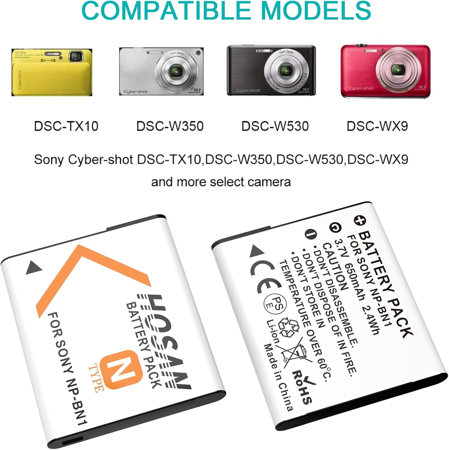 NP-BN1 Replacement Battery (2-Pack) and Portable Micro USB Charger Kit for NP-BN1 DSC-QX10, DSC-QX100, DSC-T99, DSC-T110, DSC-TF1, DSC-TX5 image number 4