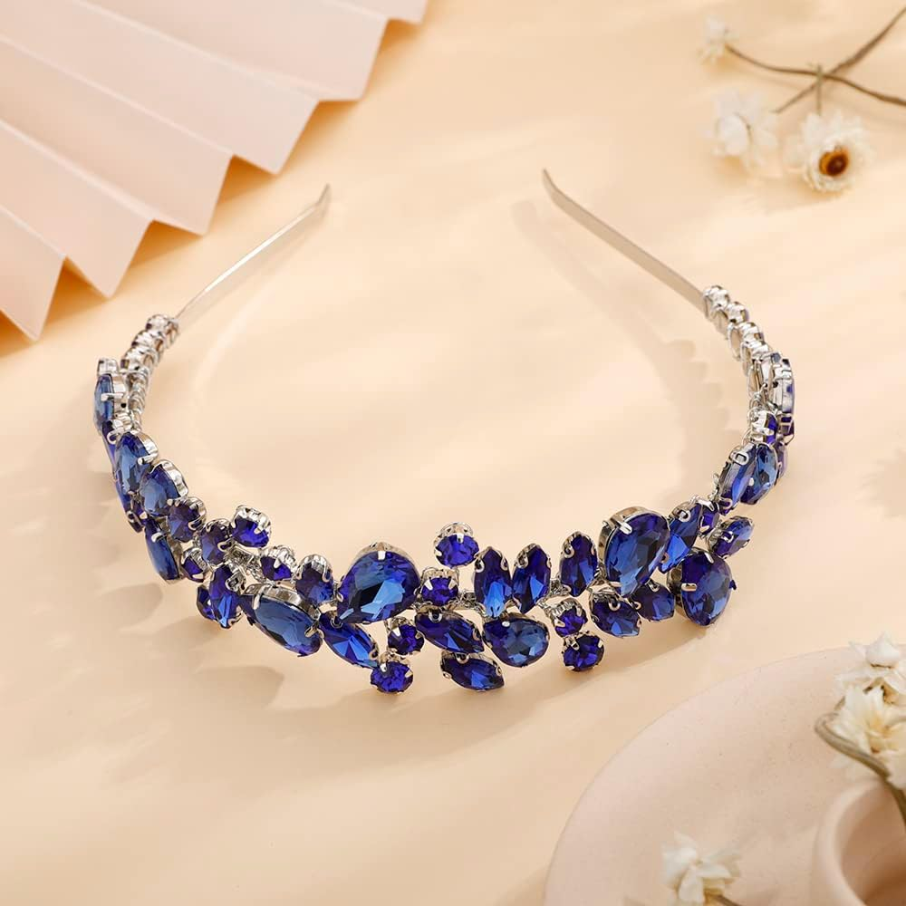 Teyglen Bridal Rhinestone Crystal Headband Blue Crystal Hair Band Handmade Full Crystal Hair Hoop Bridal Wedding Blue Red Black Hair Pieces Vintage Headpieces Hair Accessories for Women Girl (Blue) - Blue image number 3