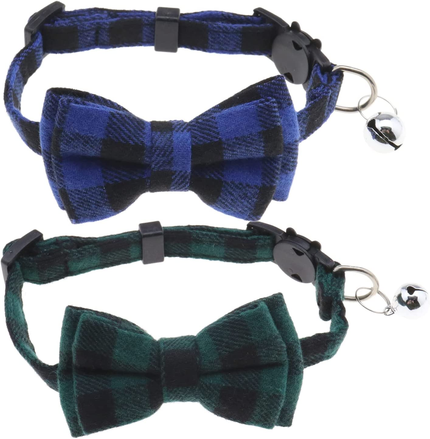SING F LTD 2PCS Dog Collars with Bell and Bow Tie Cute Plaid Collars with Soft Comfortable Bowknot and Adjustable Buckle for Dogs Cats Pets Blue Green M Size image number 4