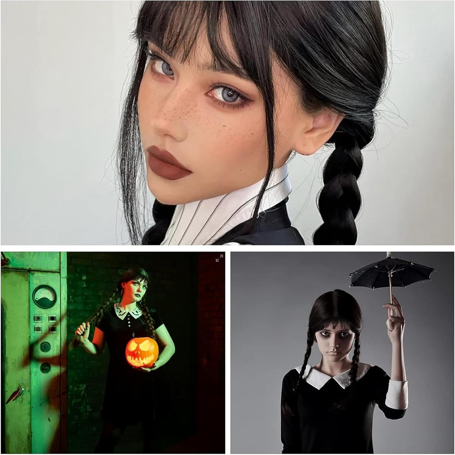 Cosplay Wig, Wednesday Addams 3 Pack Wig with Braid with Wig Cap and Black Lace for Halloween Carnival and Party Fancy Dress Cosplay image number 1