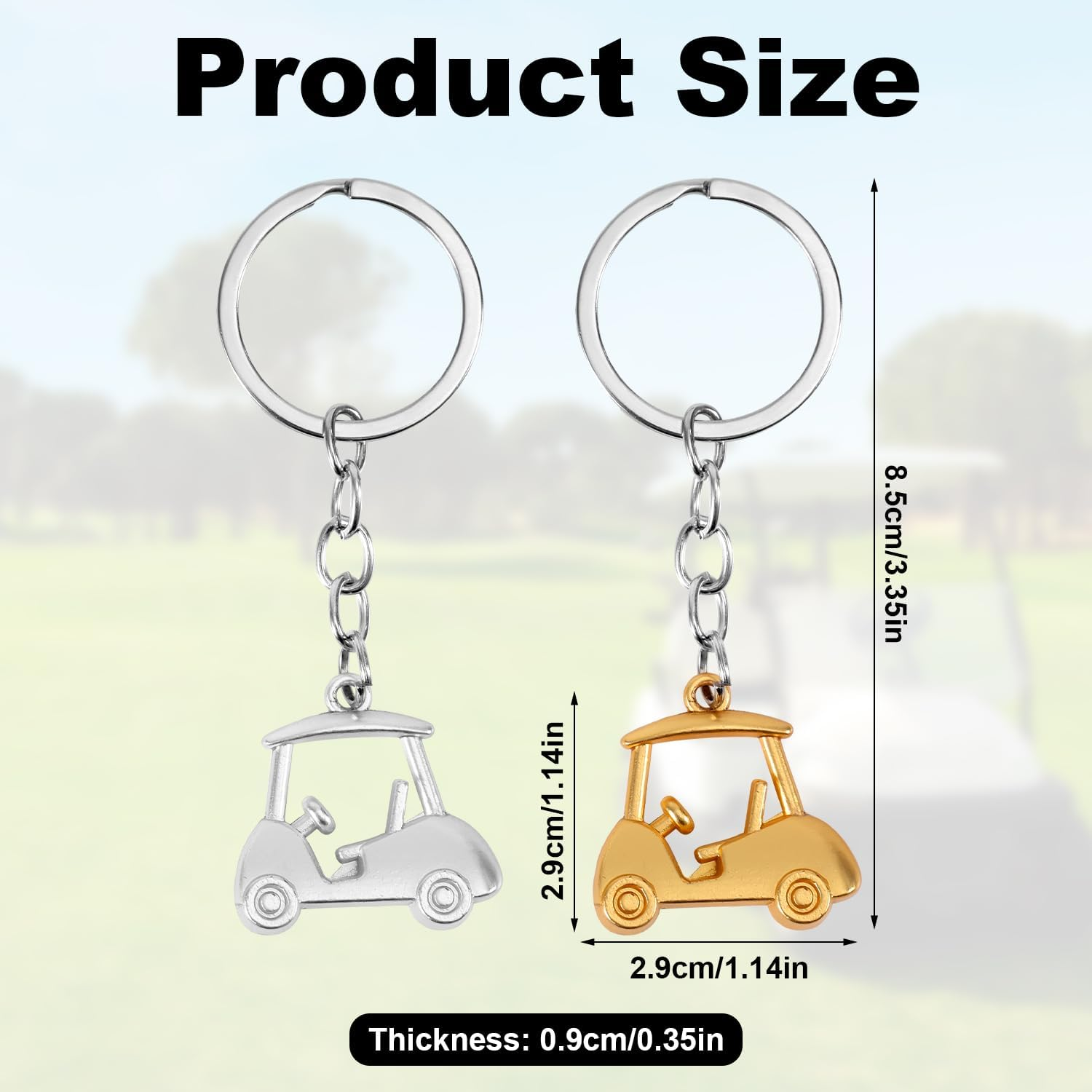 2Pcs Golf Cart Keychain, Zinc Alloy Golf Keychain Silver Gold Sparklely Golf Cart Keychain Golf Style Key Chains for Man Golf Lovers Golf Souvenirs, Silver, Gold