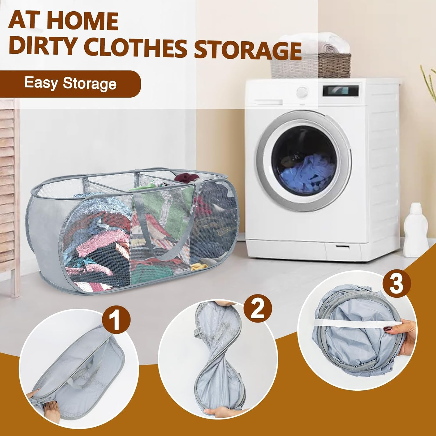 Vellaluna Collapsible Laundry Basket,3 Compartments Mesh Laundry Basket, Large Laundry Hamper Basket with Handle,Collapsible Mesh Dirty Clothes Hamper for Bathroom, Kids Room,Travel or Camping image number 6