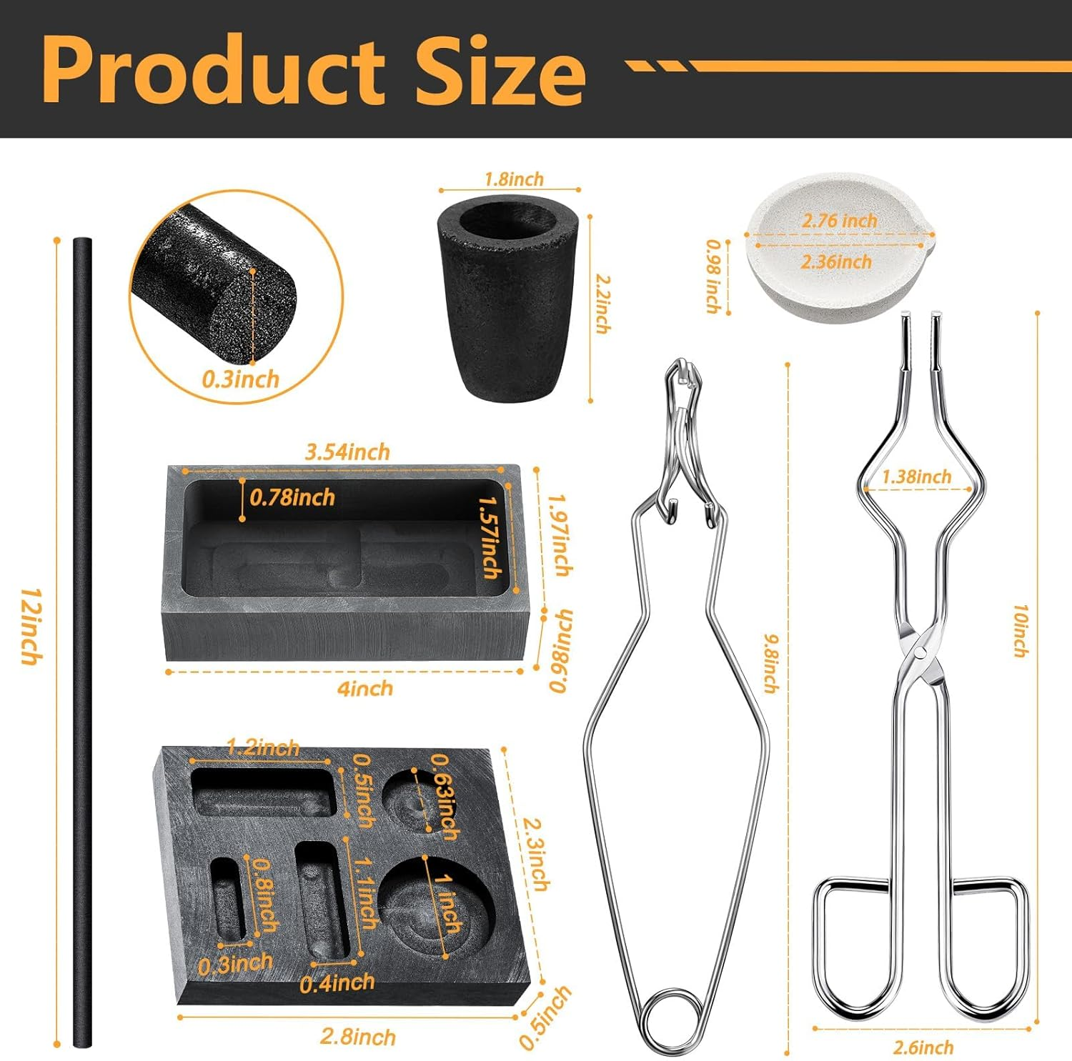 8 Pcs Graphite Crucible Ingot Mould Kit, Includes Crucible Tongs Gold Silver, and Copper Ingot Mold Stir Rod, for Metal Foundry Refining Jewelry Tool image number 1