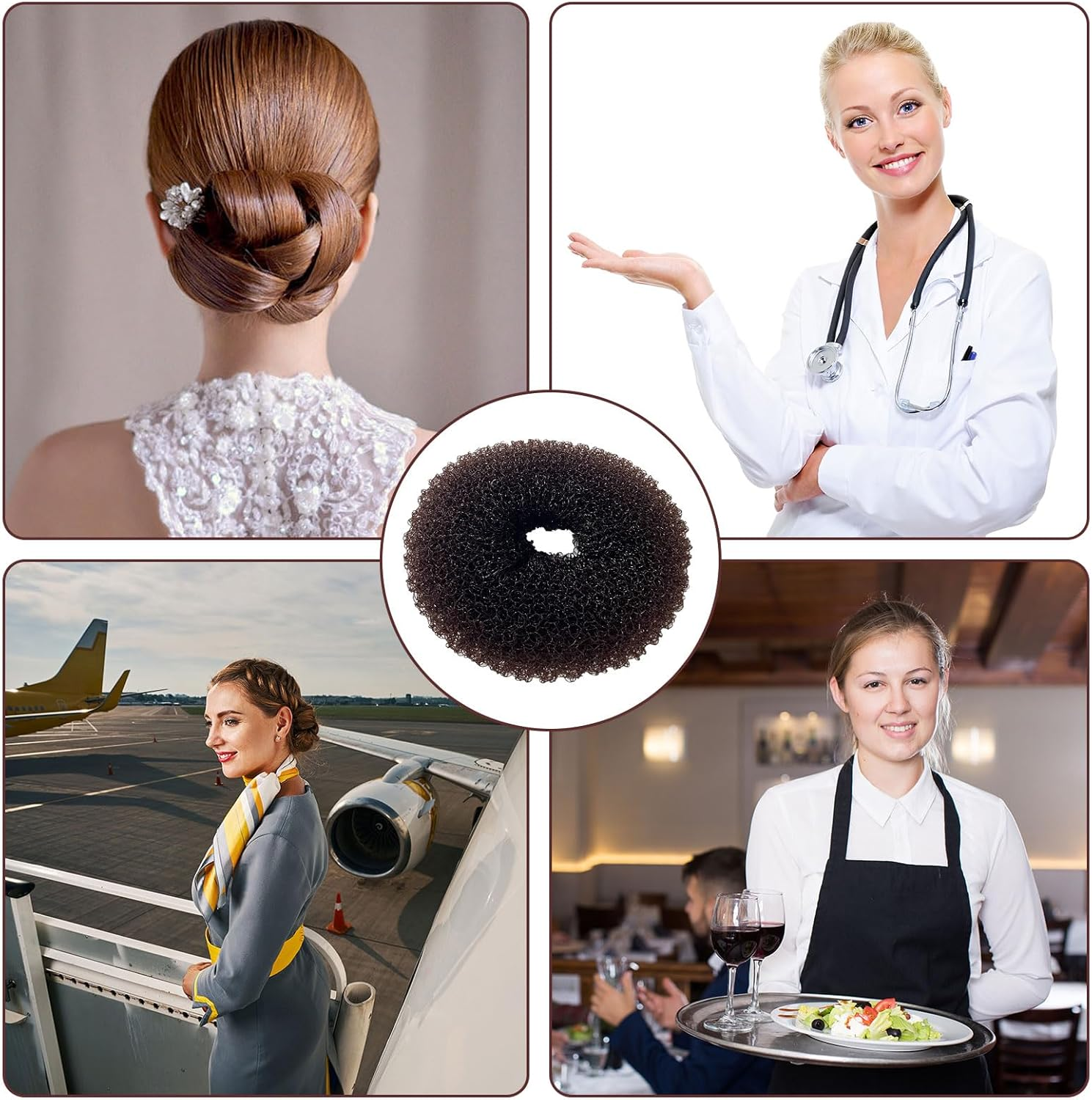 UILYNIU 183 Piece Hair Bun Maker Set, 3 Pieces Doughnut Hair Buns, 60 Pieces Hair Nets Invisible with 100 Pieces Hair Clip Hairpin, 20 Pieces Elastic Hair Bands for Children Girls (Brown) image number 4