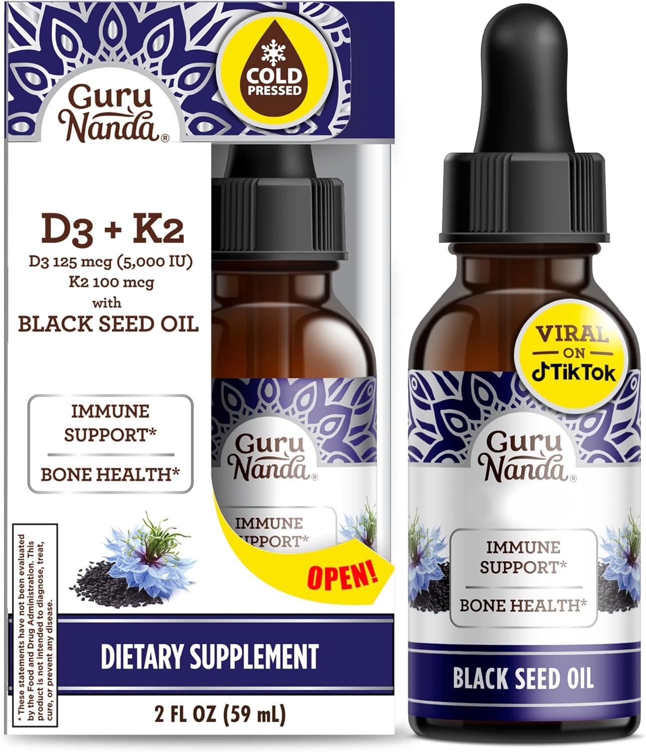Gurunanda Black Seed Oil, Cold-Pressed Nigella Sativa - Rich in Vitamin D3 5000 Units, K2 & E, High Thymoquinone | Potent Antioxidant for Immune Support, Non-Gmo, 2 Fl.Oz image number 2