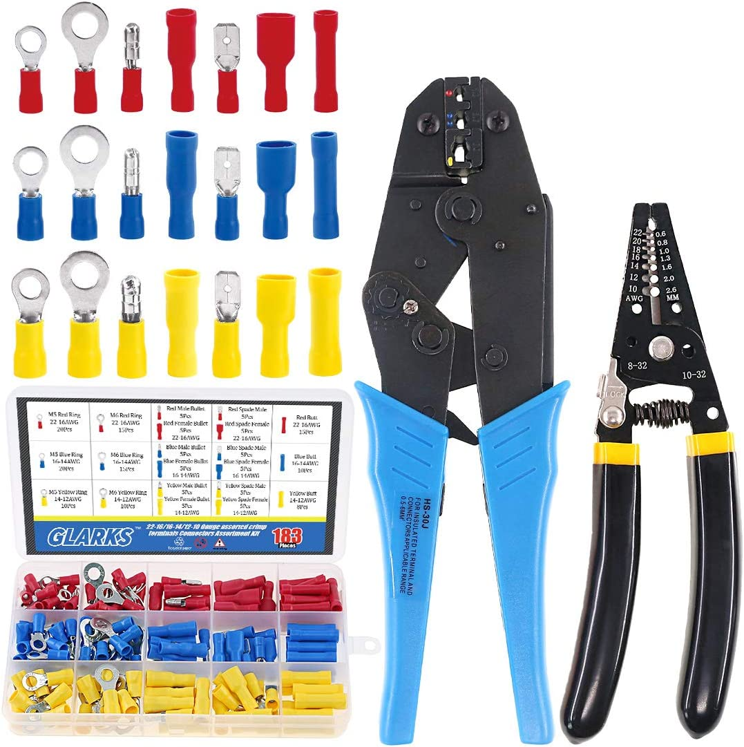 Glarks Professional Self-Adjustable Ratchet Wire Crimping Pliers AWG 22-10 and a Wire Stripper Tool Set with 183 Pieces Insulated Crimp Terminals Connectors Assortment Kit image number 5