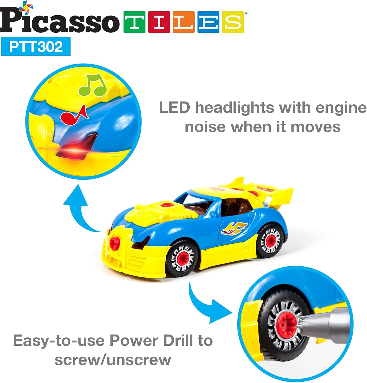 Picassotiles Take-A-Part Race Car Set with LED, Engine Sound, Mini Electric Power Tool Reversible Drill, Screws Included PTT302 2-In-1 DIY Construction Build Your Own 30Pc Racing Car S.T.E.A.M. Kit image number 4