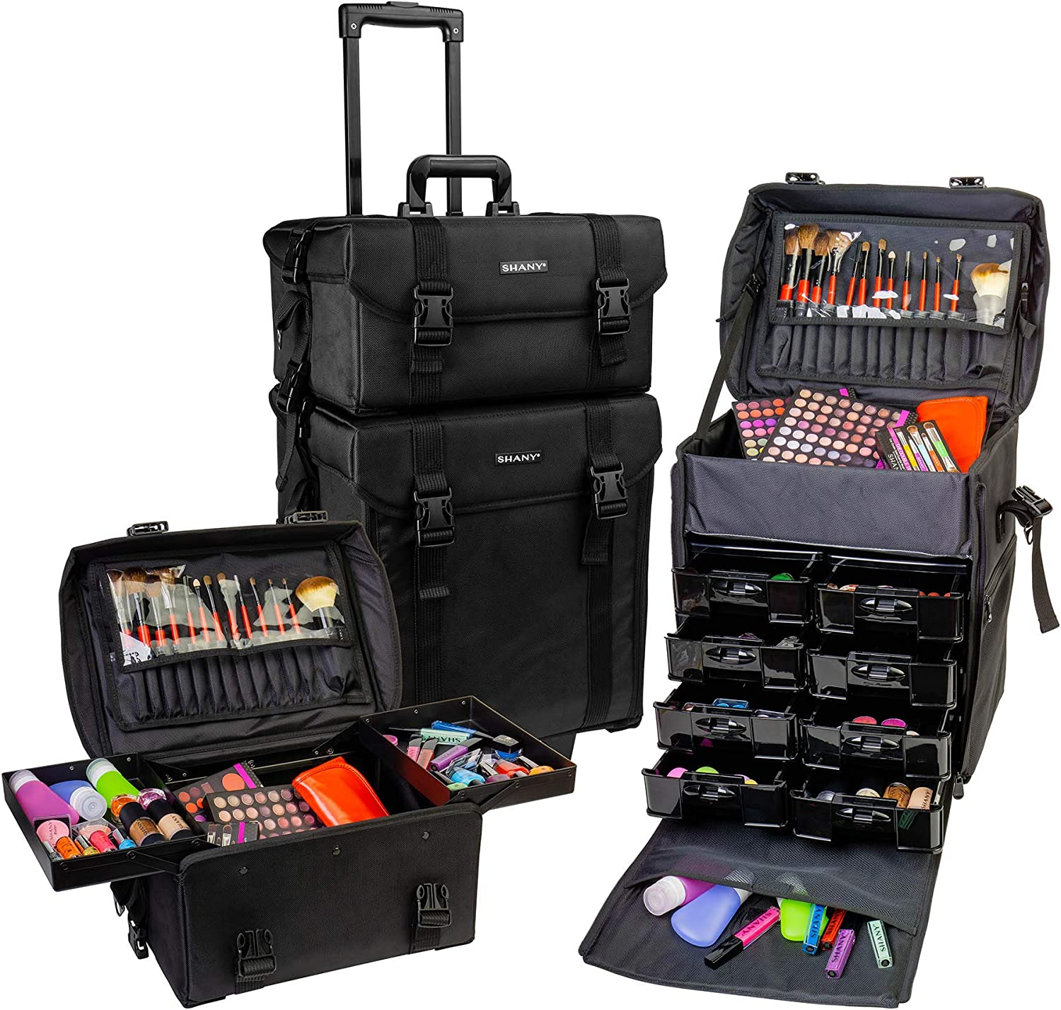 SHANY Cosmetics 2 Compartment Soft Black Rolling Trolley Makeup Case with Free 3 Piece Organizer Mesh Bags, 28 Inch image number 4