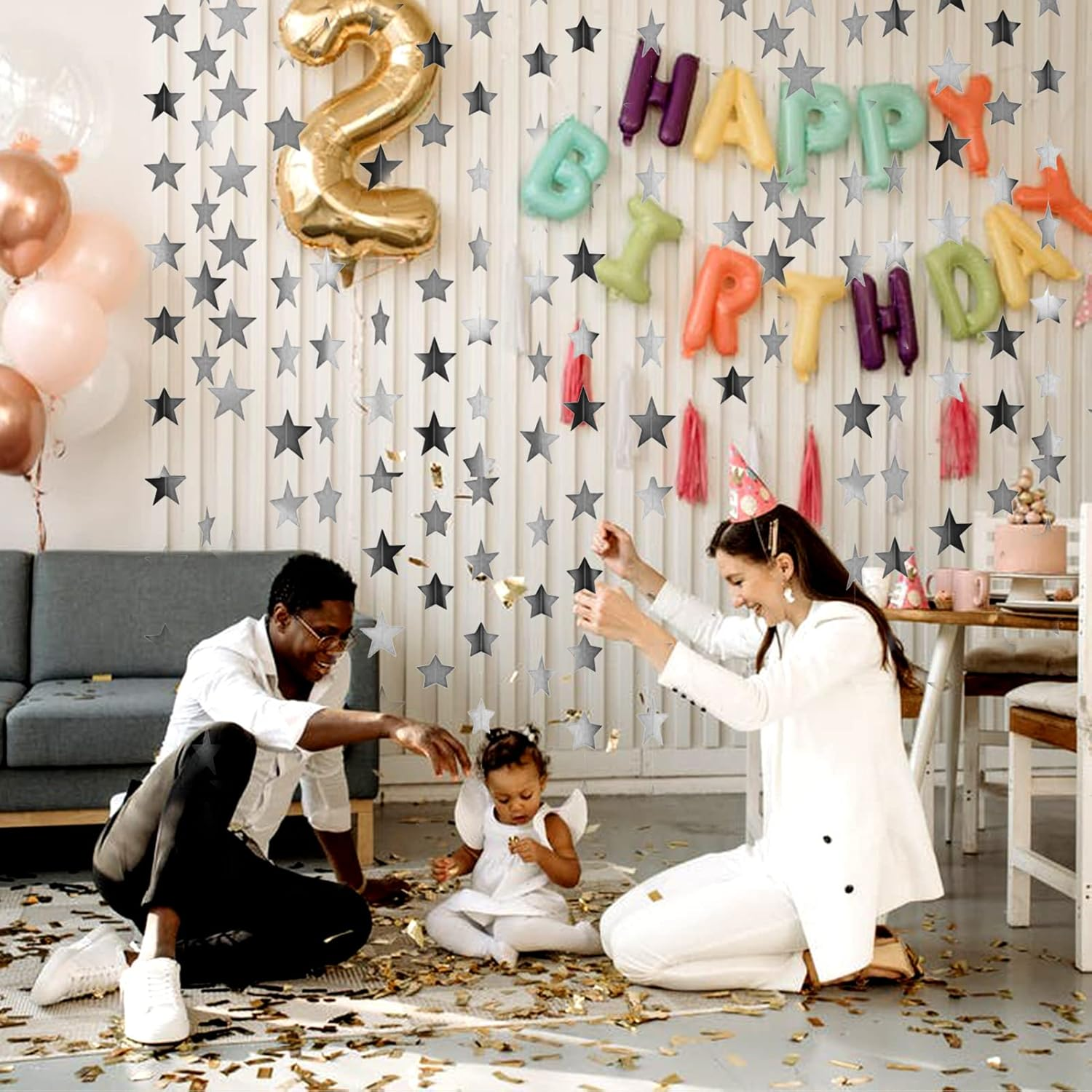 52 Feet Reflective Star Paper Garland, Glitter Bunting Banner Hanging Decoration Twinkle Little Star Party Garlands Streamer Kit for Birthday Wedding Banner Backdrop (Silver)