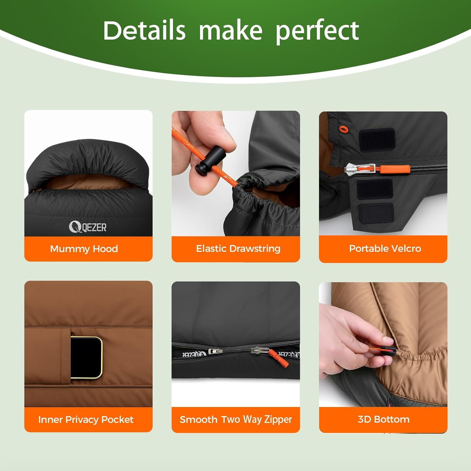 QEZER XXL Winter down Sleeping Bag 0 Degree - 230X100Cm Extra-Wide Alpine Design, 800G Fill with Vertical Baffles to Prevent down Shifting - Green image number 2