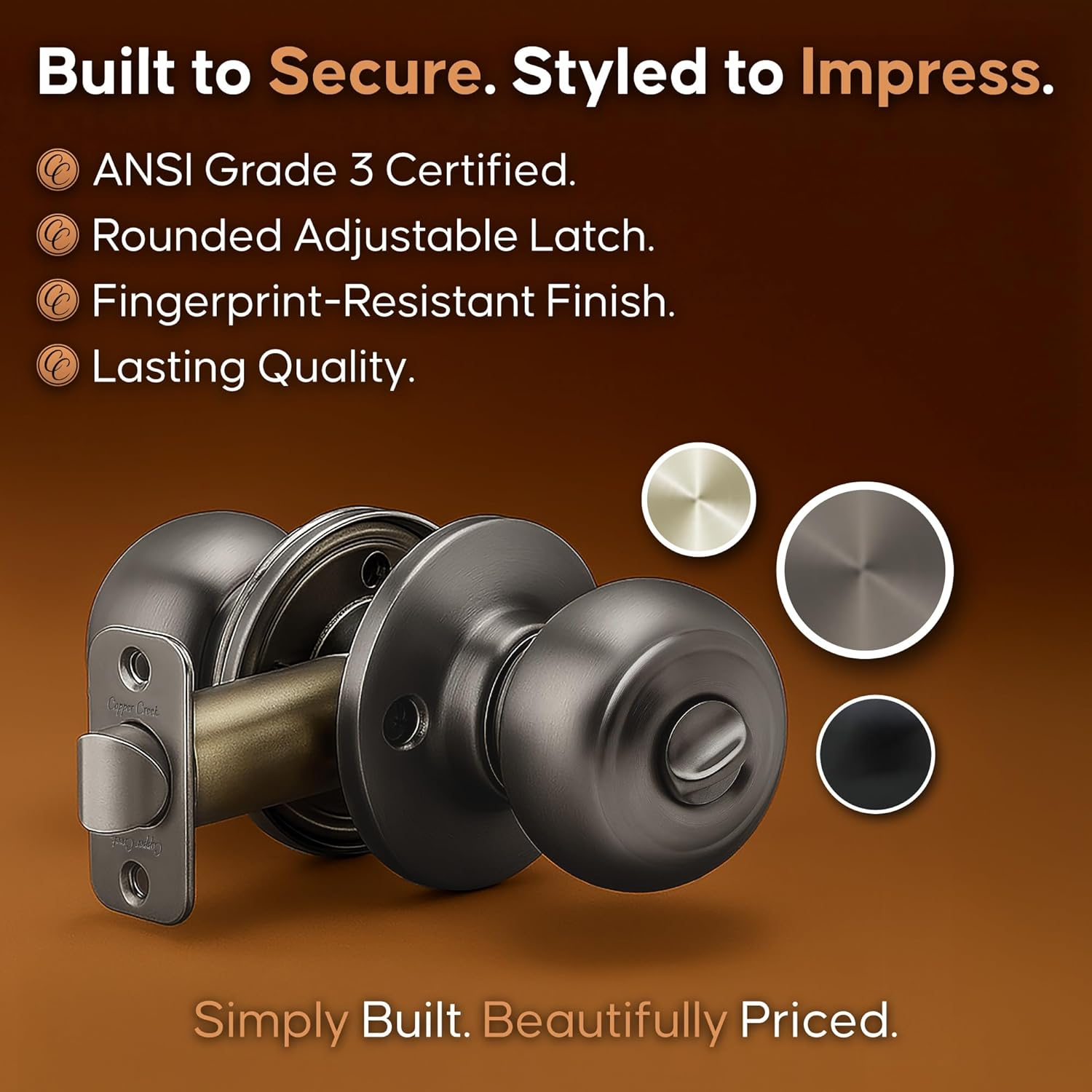 Copper Creek Antique Nickel Door Knobs - round Colonial Knob with Privacy Locking Function for Home Improvement, 1 Pack - Fits All Standard Doors - Locking Door Knob for Bedroom and Bathroom Use - Polished Brass image number 2