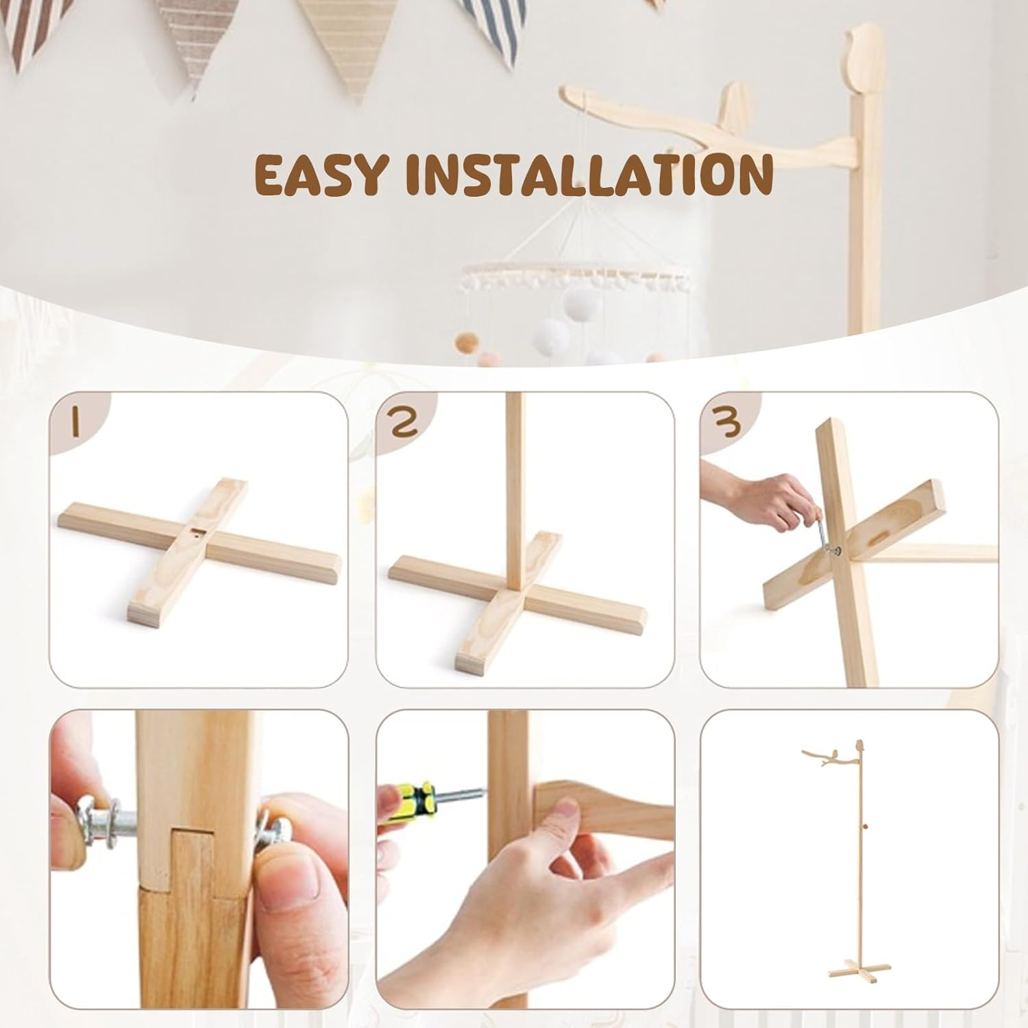 Crib Mobile Arm Wooden Floorstanding, DIY Mobile Baby Girl Boy, Strong Support Multifunctional Movable Baby Move Hanger for Home