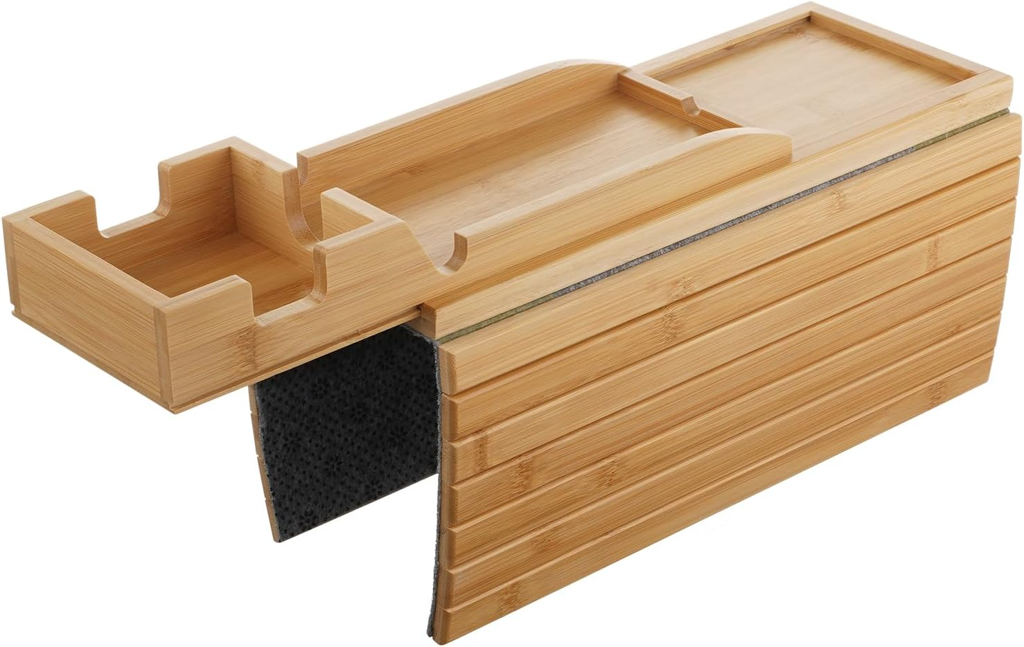 ACA Trading Couch Cup Holder Tray, Modern Sofa Armrest Tray Table with Non-Slip Pad, Wooden Bamboo Arm Table for Drinks and Food with Side-Away Tray(Natural)