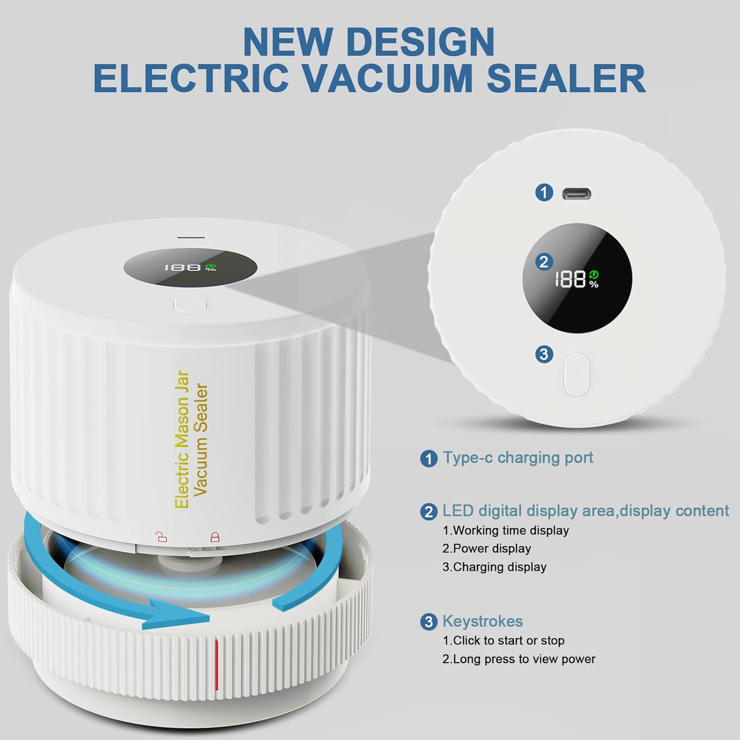 Electric Mason Jar Vacuum Sealer, Cordless Vacuum Sealer Kit for Wide-Mouth & Regular-Mouth Mason Jars, for Food Storage and Fermentation, White - Deep Blue image number 4