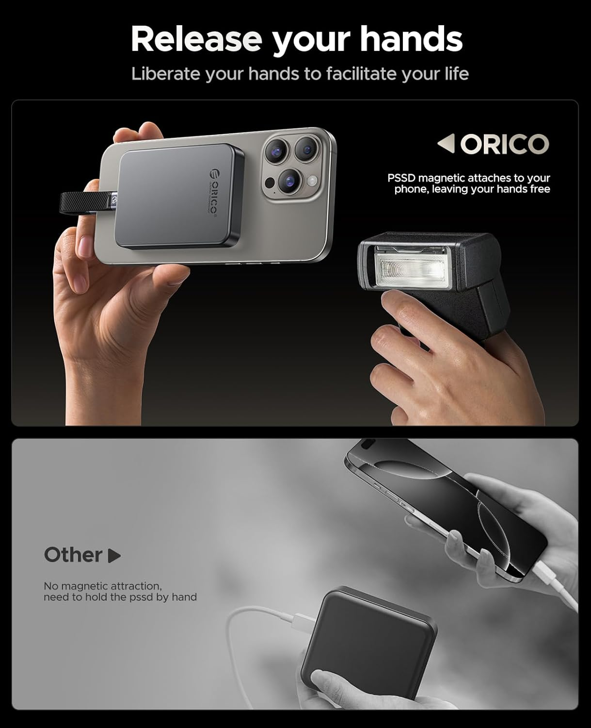 ORICO 512 GB Magnetic SSD, PD100W Charging, 4K Prores HDR, 1000Mb/S USB 3.2, Portable External Drive for Iphone 16/15, Laptops, Tablets - Aluminum Alloy, Drop Resistant - K10 image number 4