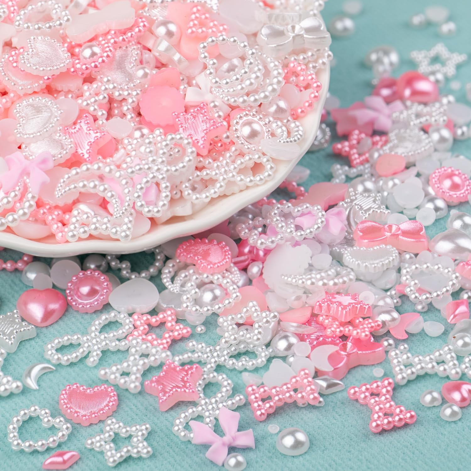 1200Pcs 3D Multi Shapes Nail Charms and Flatback Pearls, White&Pink Mix Styles Heart Star Bow Sunflower Embellishments for Nail Art, Craft and Decoration with Tweezer and Pickup Pencil image number 4