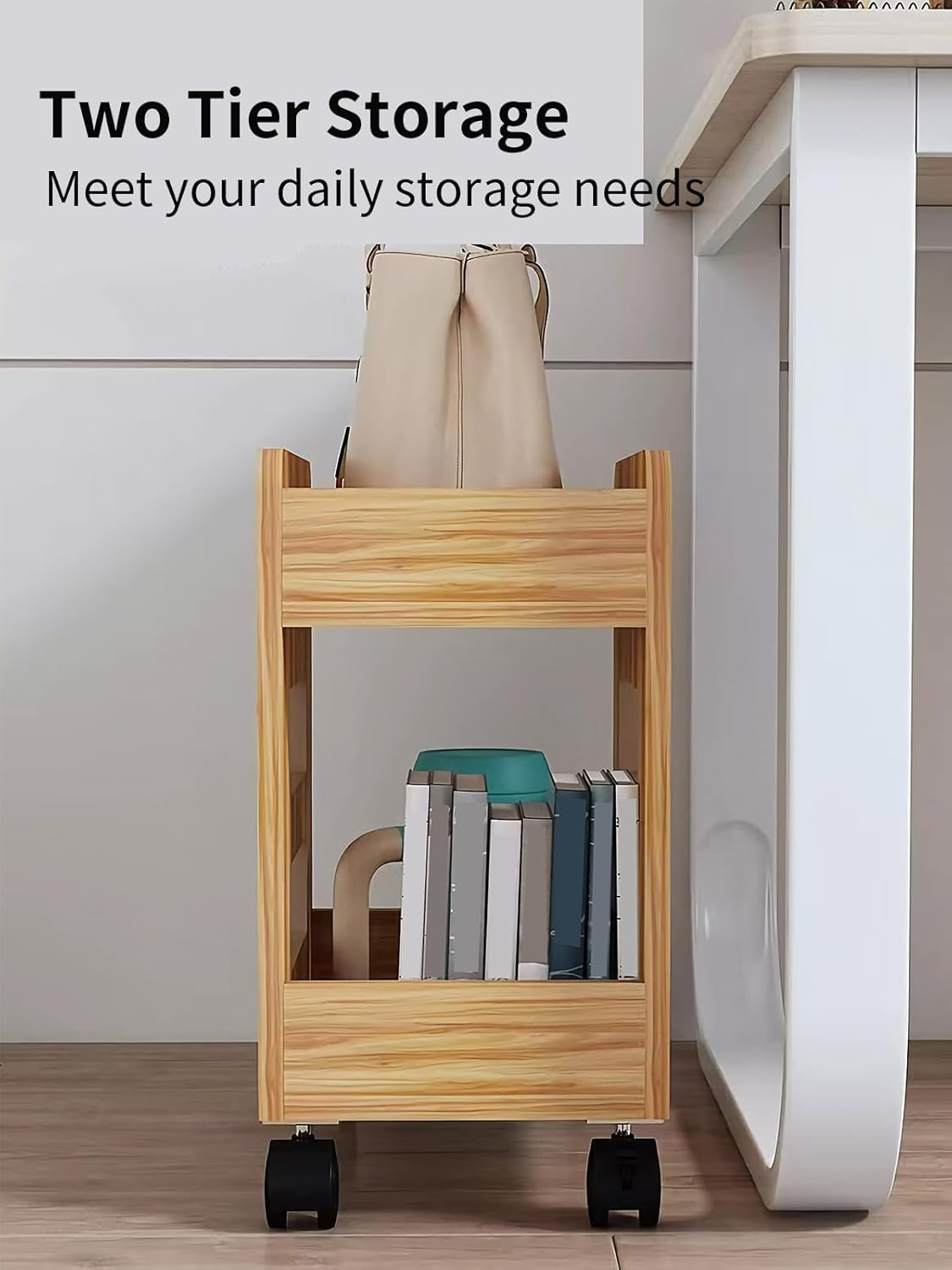 Rolling Storage Cart on Wheels, 2-Tier Wooden Book Cart Rolling Organizer, Utility Organizer, Multi-Functional Movable Trolley Bookshelf