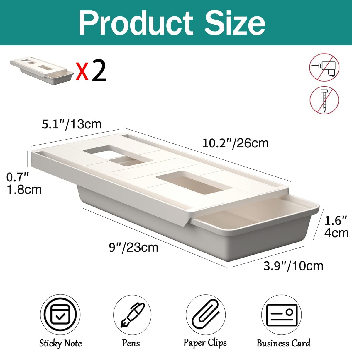 Hidden under Table Desk Drawer Storage Organizer 2 Pack,Self-Adhesive under Office Desktop Pencil Tray Drawer,Under Table Storage Tray Drawer for Kitchen