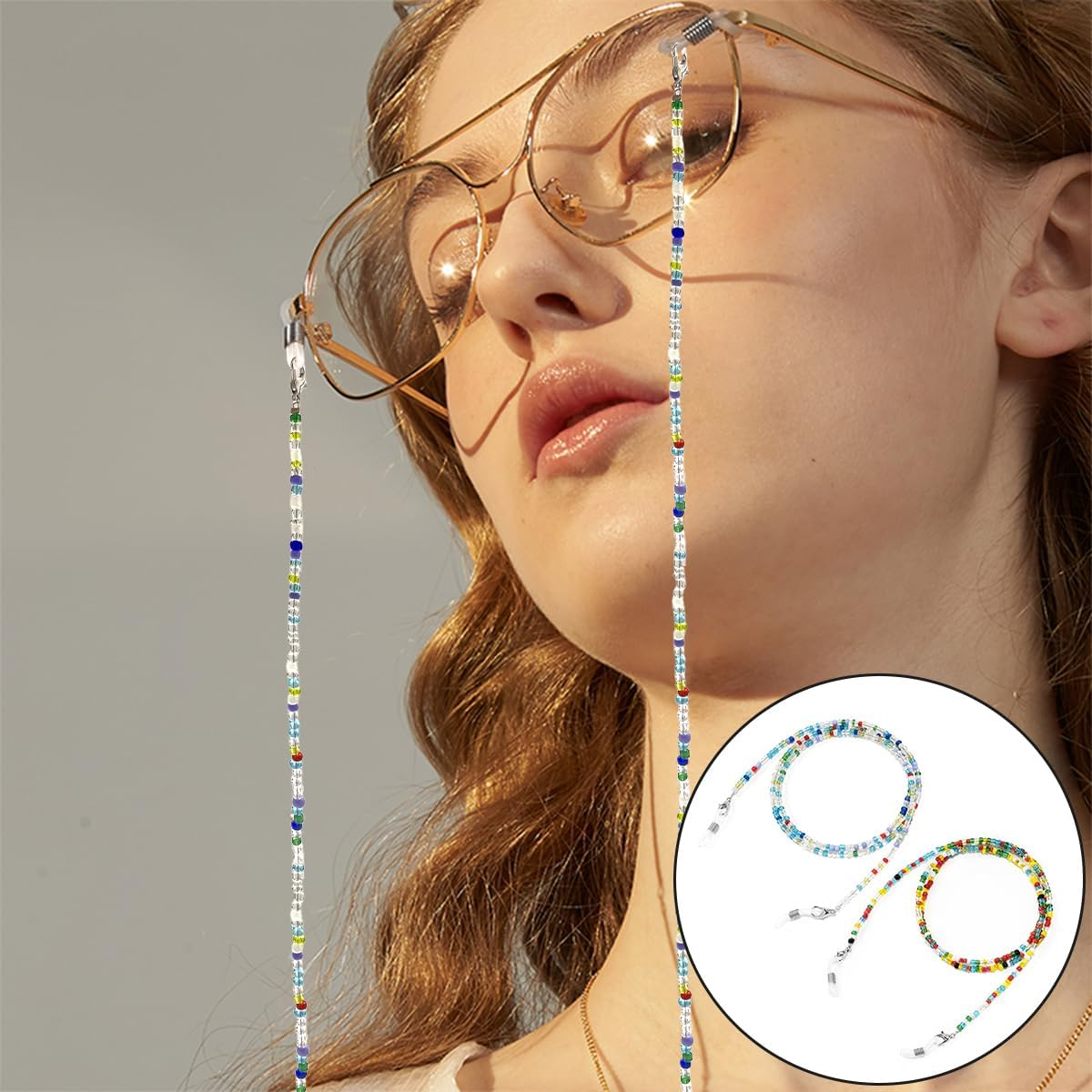 WELANE Beaded Eyeglass Chains, 2 PCS Colorful Acrylic Glasses Lanyard Strap for Girls, Women (72Cm/28.3In) image number 3