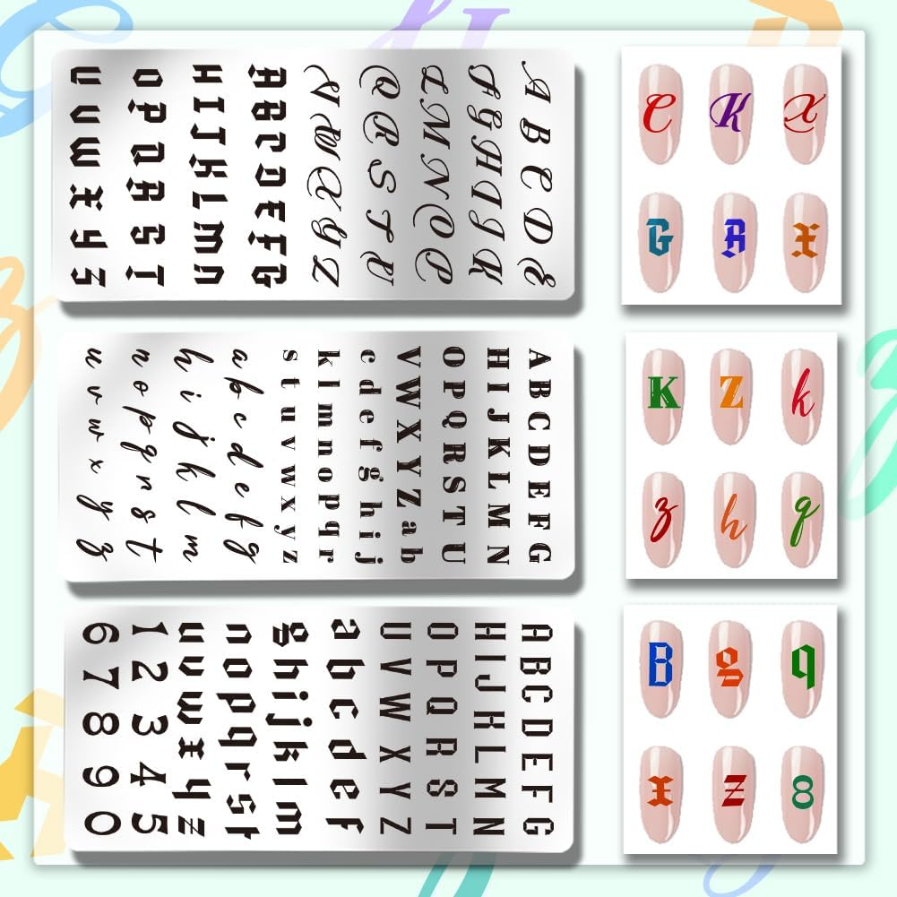 PH Pandahall 3PCS English Letter Nail Stamp Plate Personalized Letter Print Nail Stencils Stainless Steel Nail Template for English Alphabet Number Nail Art Design Image Plate 4.7X2.4 Inches