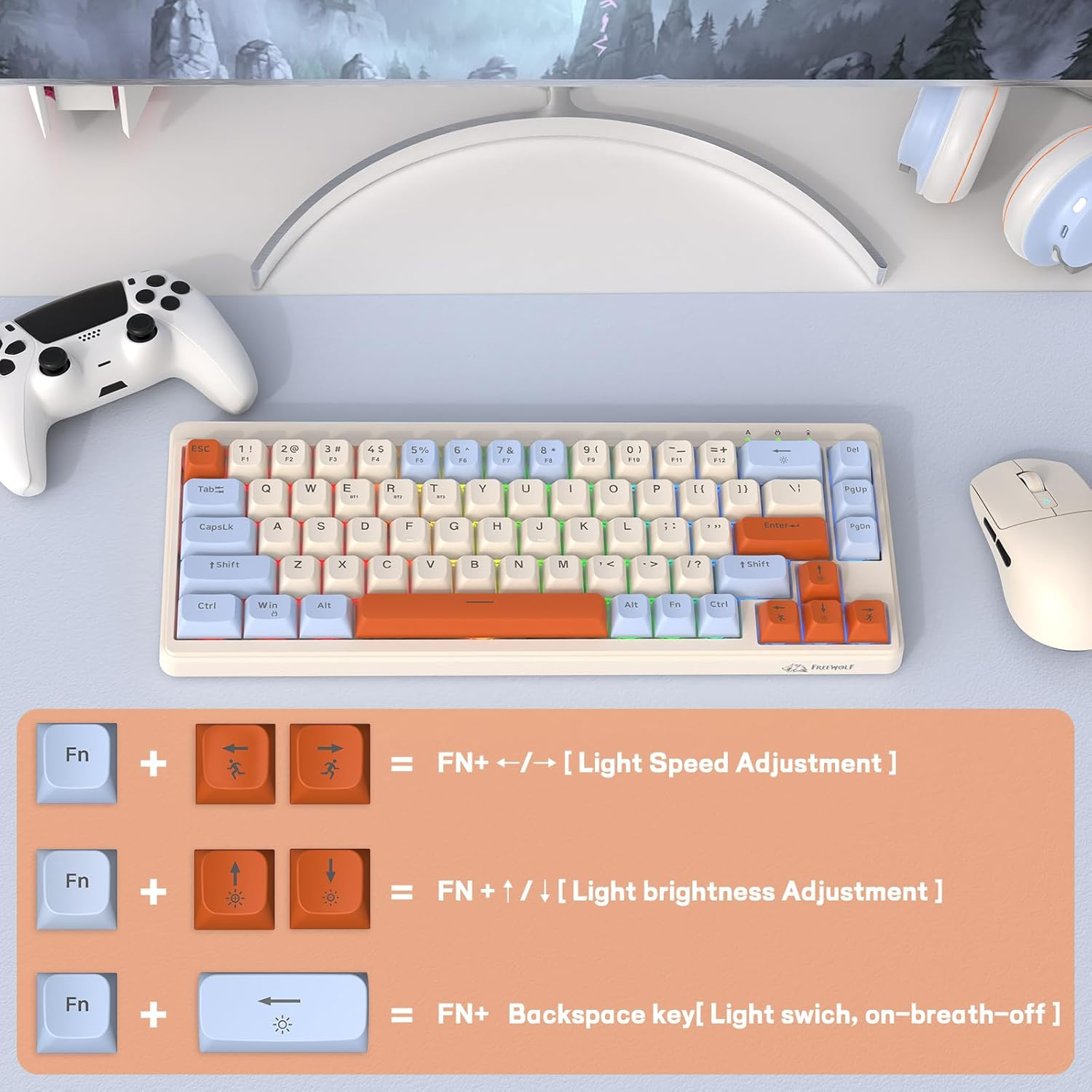 M68 65% Wireless Gaming Keyboard,Bluetooth/2.4Ghz/ Wired Tri-Mode Silent Membrane Keyboard,Pbt Keycaps,2000Mah Rechargeable,67 Keys Rainbow LED Backlit PC Gaming Keyboard for Win/Mac-Blueberry