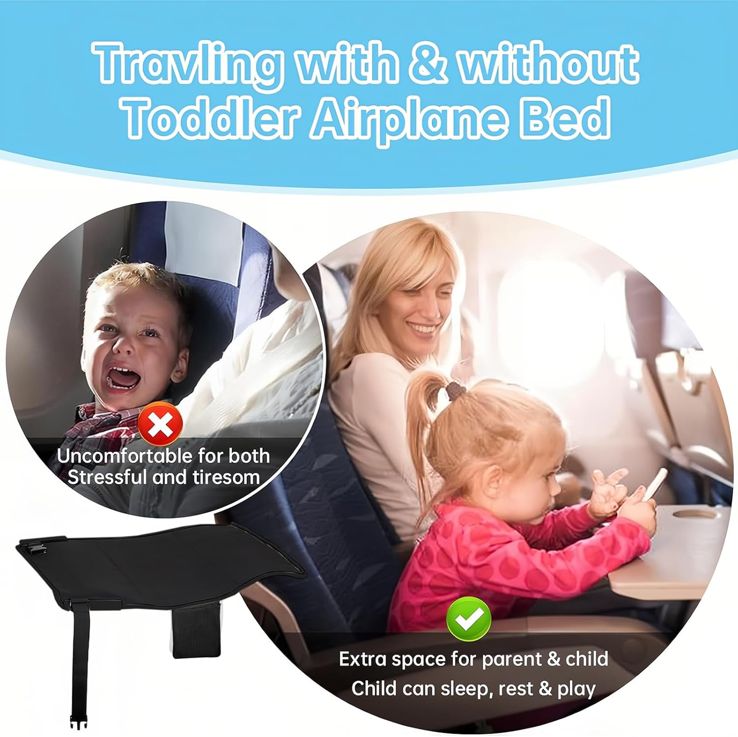 Toddler Airplane Bed, Black Portable Kids Airplane Seat Extender Travel Bed, Baby Plane Safe Essentials with Drawstring Bag, Long Trip Toddler Travel Essentials for Sleeping (31.3 X 17.3 Inches) image number 3