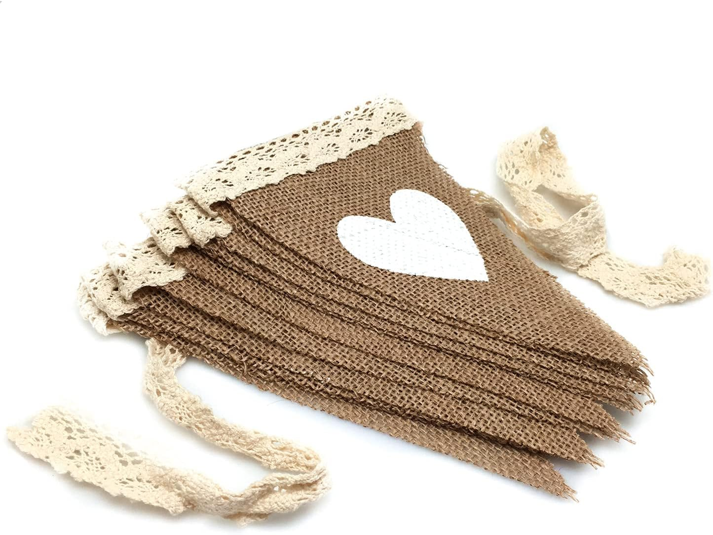 FQTANJU 12Pcs Vintage Heart Jute Burlap Bunting Banner Hessian Flag for Wedding Party Decoration White Lace 2.5M image number 2