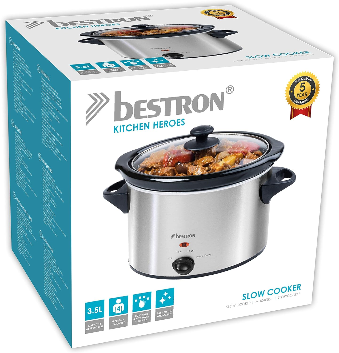 Bestron ASC350 Slow Cooker, Glass, 180 W, 3.5 Liters image number 6