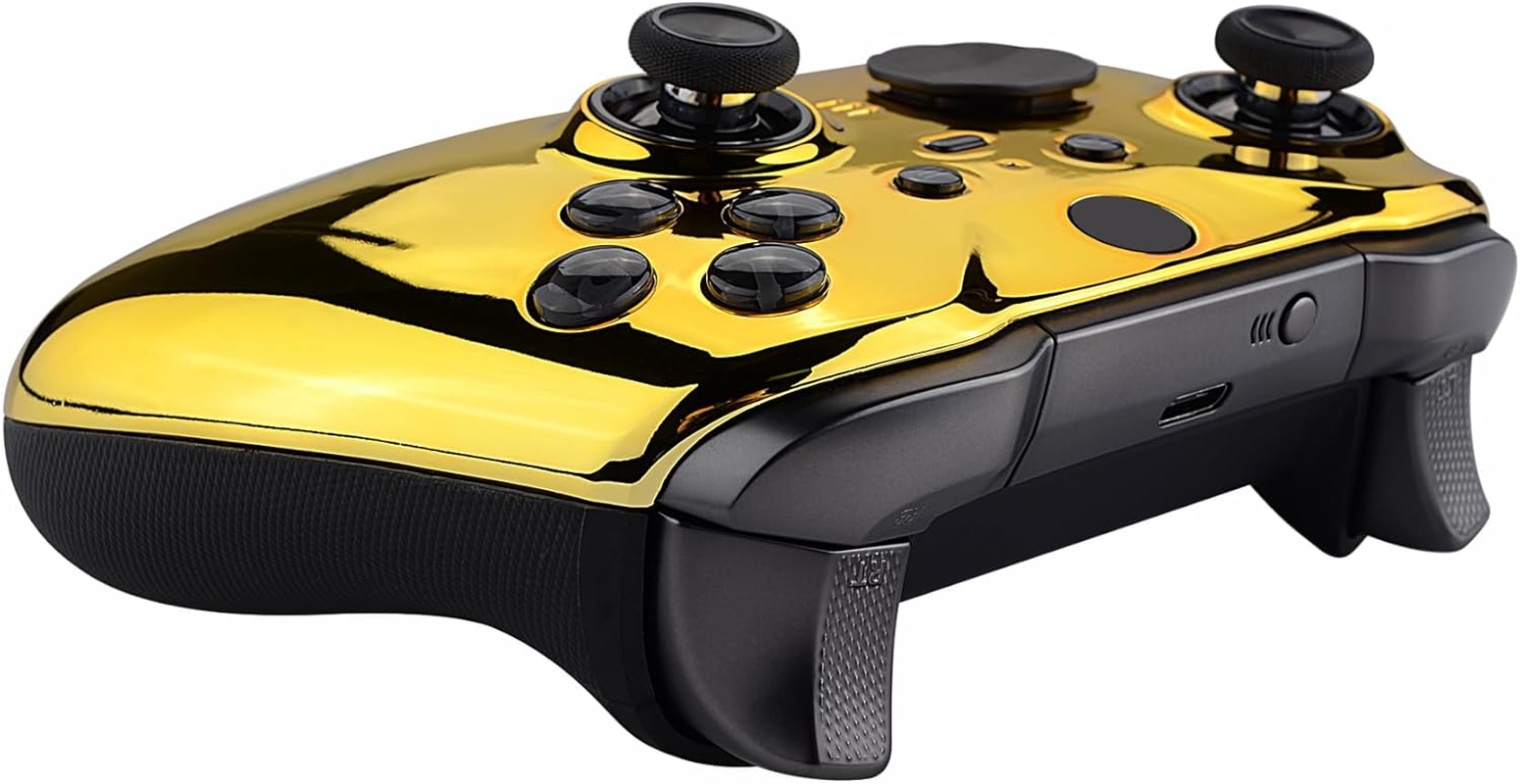 Extremerate Chrome Gold Edition Glossy Faceplate Cover, Front Housing Shell Case Replacement Kit for Xbox One Elite Series 2 Controller Model 1797 - Thumbstick Accent Rings Included - Chrome Gold image number 1