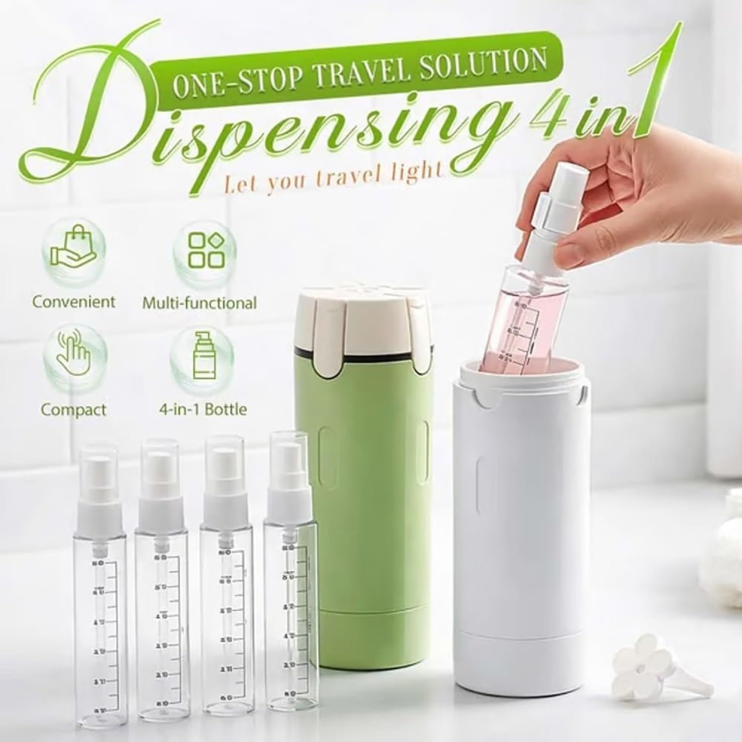 4-In-1 Travel Dispenser Bottle, Portable Leak Proof Refillable Toiletry Containers, Mini Shampoo Dispenser Portable Travel Bottle Set with Scale Label for Toiletries, for Flights Gym (Green*1)