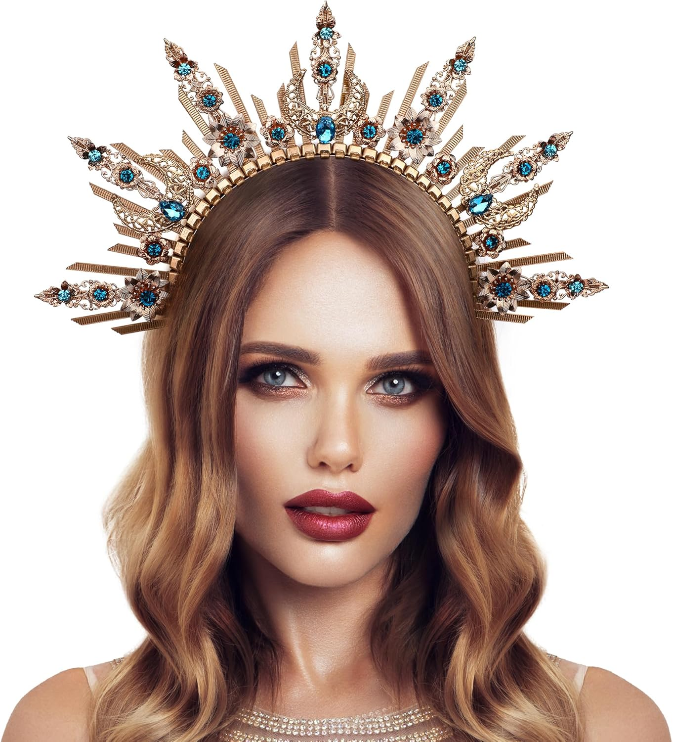 Partyforu Golden Goddess Halo Crown - Vintage Headband for Women Witch Costume Accessories Renaissance Cosplay image number 3